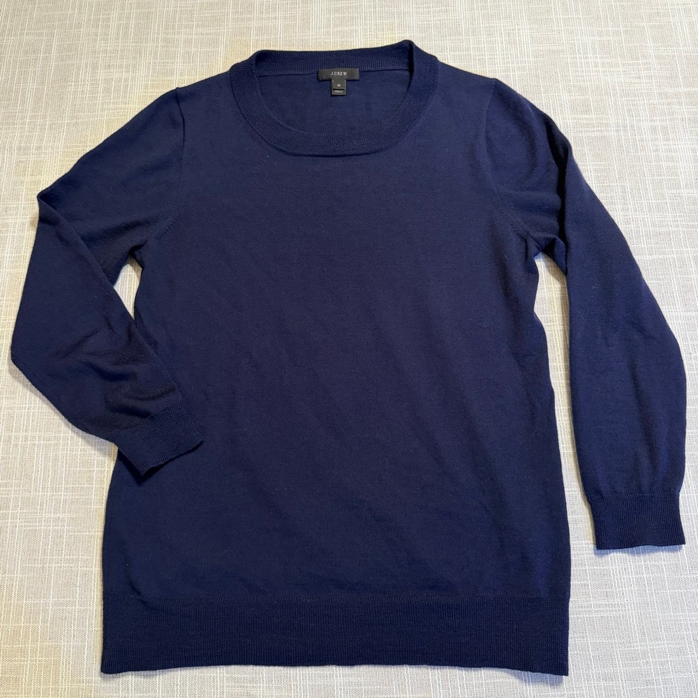 J.Crew Navy Blue 100% Merino Wool Crewneck Sweater Womens Medium Fine Knit